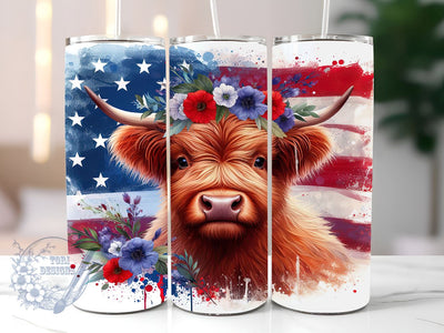 Patriotic Highland Cow 20oz Skinny Tumbler, American Flag Cow Tumbler Png, Straight & Tapered Tumbler Wrap, Instant Digital Download Sublimation ToriDesigns 