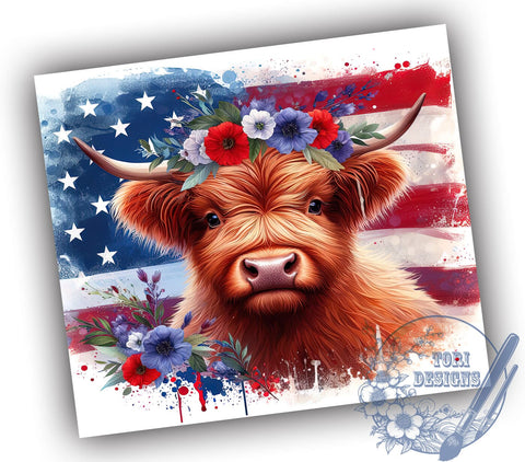 Patriotic Highland Cow 20oz Skinny Tumbler, American Flag Cow Tumbler Png, Straight & Tapered Tumbler Wrap, Instant Digital Download Sublimation ToriDesigns 