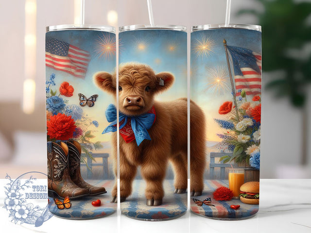 Patriotic Highland Cow 20oz Tumbler, American Cow Design, Farmhouse Tumbler Wrap, Sublimation Design, 20oz Tumbler, Rustic Patriotic Gift, Country Pride Sublimation ToriDesigns 