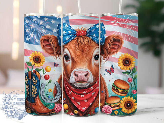 Patriotic Highland Cow 20oz Tumbler, American Cow Design, Farmhouse Tumbler Wrap, Sublimation Design, 20oz Tumbler, Rustic Patriotic Gift, Country Pride Sublimation ToriDesigns 