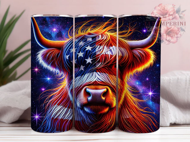 Patriotic Highland Cow 20oz Tumbler, American Flag Tumbler, 20oz Wrap, Sublimation Tumbler, USA Cow Design, Patriotic Cow Gift, Farm Animal Tumbler Sublimation Li Zamperini 