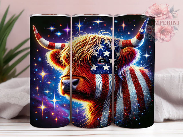 Patriotic Highland Cow 20oz Tumbler, American Flag Tumbler, 20oz Wrap, Sublimation Tumbler, USA Cow Design, Patriotic Cow Gift, Farm Animal Tumbler Sublimation Li Zamperini 
