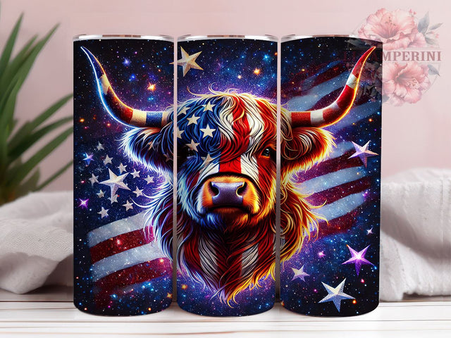 Patriotic Highland Cow 20oz Tumbler, American Flag Tumbler, 20oz Wrap, Sublimation Tumbler, USA Cow Design, Patriotic Cow Gift, Farm Animal Tumbler Sublimation Li Zamperini 