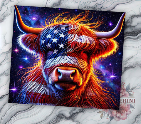 Patriotic Highland Cow 20oz Tumbler, American Flag Tumbler, 20oz Wrap, Sublimation Tumbler, USA Cow Design, Patriotic Cow Gift, Farm Animal Tumbler Sublimation Li Zamperini 