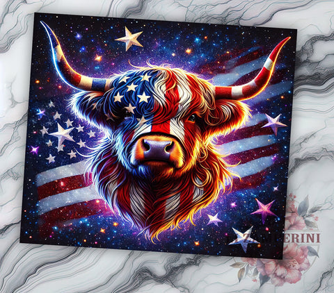 Patriotic Highland Cow 20oz Tumbler, American Flag Tumbler, 20oz Wrap, Sublimation Tumbler, USA Cow Design, Patriotic Cow Gift, Farm Animal Tumbler Sublimation Li Zamperini 