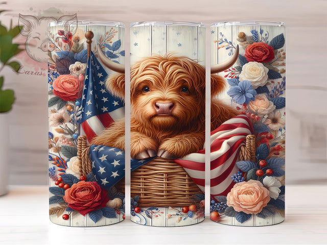 Patriotic Highland Cow 20oz Tumbler, Baby Cow Tumbler, 4th of July Tumbler, American Flag Cow, USA Tumbler Design, 20oz Tumbler Wrap, Independence Day Cow Tumbler Sublimation Lara' s Designs 