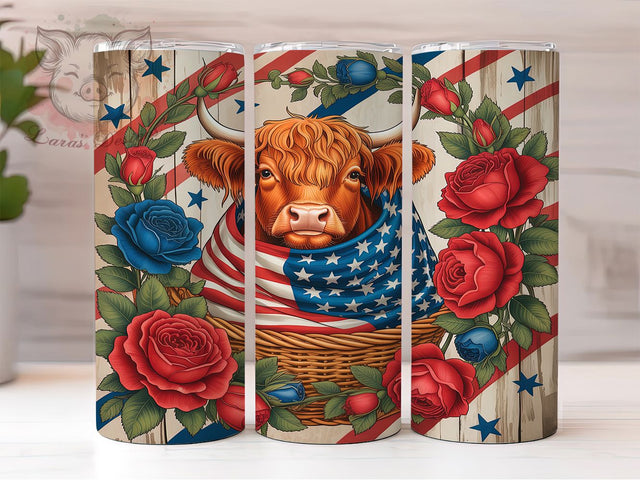 Patriotic Highland Cow 20oz Tumbler, Baby Cow Tumbler, 4th of July Tumbler, American Flag Cow, USA Tumbler Design, 20oz Tumbler Wrap, Independence Day Cow Tumbler Sublimation Lara' s Designs 