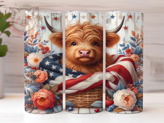 Patriotic Highland Cow 20oz Tumbler, Baby Cow Tumbler, 4th of July Tumbler, American Flag Cow, USA Tumbler Design, 20oz Tumbler Wrap, Independence Day Cow Tumbler Sublimation Lara' s Designs 