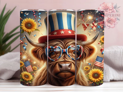 Patriotic Highland Cow 20oz Tumbler, Patriotic Hat, Heart Glasses, Red White Blue, 4th of July, Skinny Tumbler, Sublimation PNG Sublimation Li Zamperini 