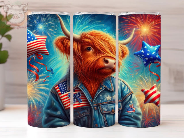 Patriotic Highland Cow 20oz Tumbler Png, Straight & Tapered Tumbler Png, 4th of July Tumbler Png, Digital Download PNG Sublimation Lara' s Designs 