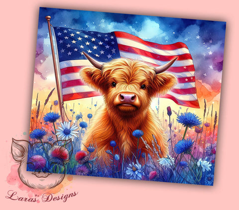 Patriotic Highland Cow 20oz Tumbler Png, Straight & Tapered Tumbler Png, Cow 4th of July Tumbler Png, Digital Download PNG Sublimation Lara' s Designs 