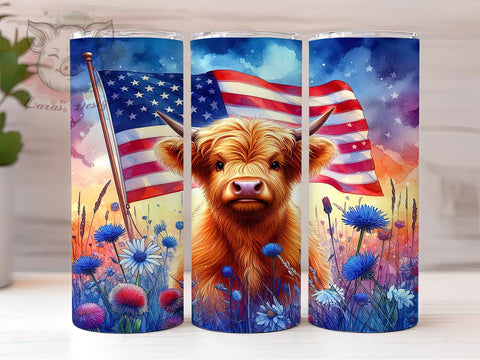 Patriotic Highland Cow 20oz Tumbler Png, Straight & Tapered Tumbler Png, Cow 4th of July Tumbler Png, Digital Download PNG Sublimation Lara' s Designs 