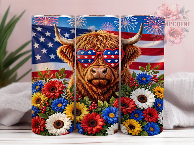 Patriotic Highland Cow 20oz Tumbler, Red White Blue, American Farm, Fluffy Flag, Rustic Pride, Star Spangled Cattle, Country Patriot, Sublimation Wrap Sublimation Li Zamperini 