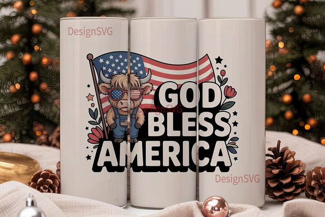 Patriotic Highland Cow 20oz Tumbler Sublimation DesignSVG 