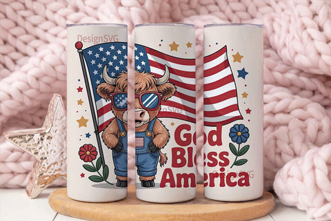 Patriotic Highland Cow 20oz Tumbler Sublimation DesignSVG 