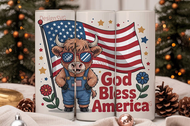 Patriotic Highland Cow 20oz Tumbler Sublimation DesignSVG 