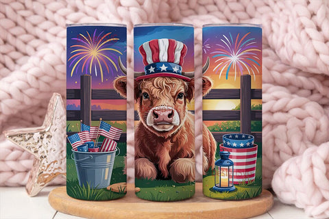 Patriotic Highland Cow 20oz Tumbler Sublimation DesignSVG 