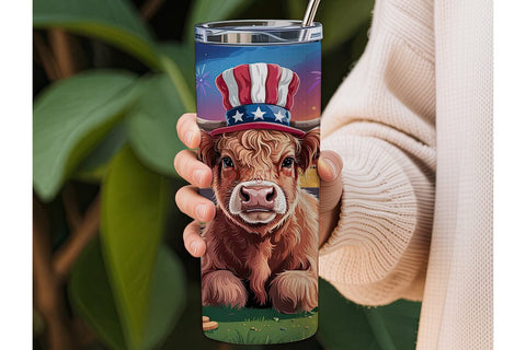 Patriotic Highland Cow 20oz Tumbler Sublimation DesignSVG 