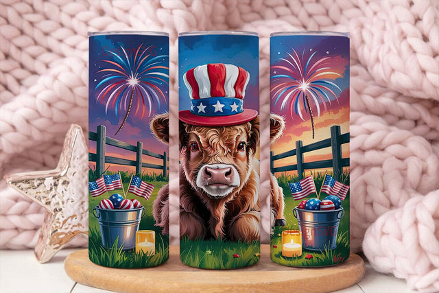 Patriotic Highland Cow 20oz Tumbler Sublimation DesignSVG 