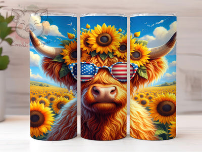 Patriotic Highland Cow 20oz Tumbler, USA Flag Wrap, Sublimation Gift, Patriotic Mug, 20oz Tumbler Design, Highland Cow Graphic, American Pride Theme Sublimation Lara' s Designs 