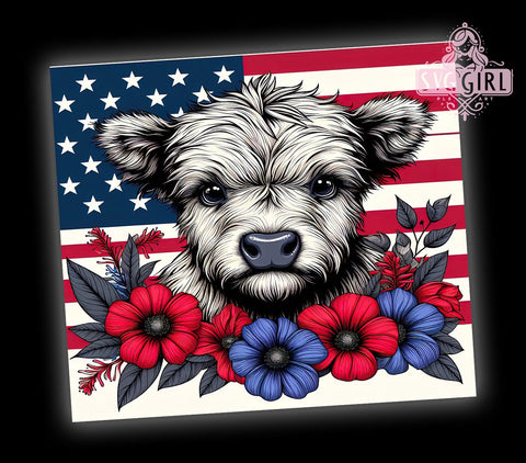 Patriotic Highland Cow 20oz Tumbler Wrap Sublimation Design, Straight Tapered Tumbler Wrap, 4th of July Tumbler Png, Instant Digital Download Sublimation SvggirlplusArt 