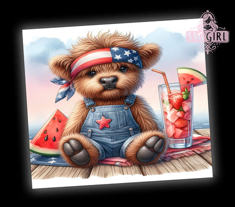 Patriotic Highland Cow 20oz Tumbler Wrap Sublimation Design, Straight Tapered Tumbler Wrap, 4th of July Tumbler Png, Instant Digital Download Sublimation SvggirlplusArt 