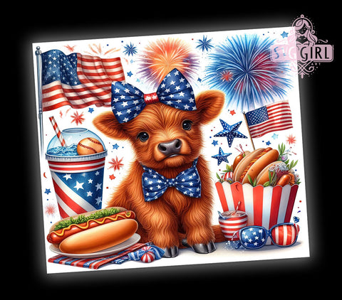 Patriotic Highland Cow 20oz Tumbler Wrap Sublimation Design, Straight Tapered Tumbler Wrap, 4th of July Tumbler Png, Instant Digital Download Sublimation SvggirlplusArt 