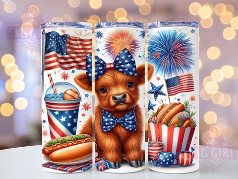 Patriotic Highland Cow 20oz Tumbler Wrap Sublimation Design, Straight Tapered Tumbler Wrap, 4th of July Tumbler Png, Instant Digital Download Sublimation SvggirlplusArt 