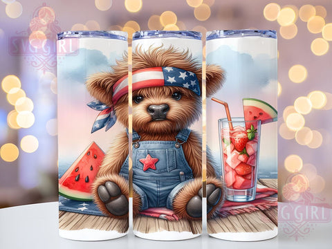 Patriotic Highland Cow 20oz Tumbler Wrap Sublimation Design, Straight Tapered Tumbler Wrap, 4th of July Tumbler Png, Instant Digital Download Sublimation SvggirlplusArt 