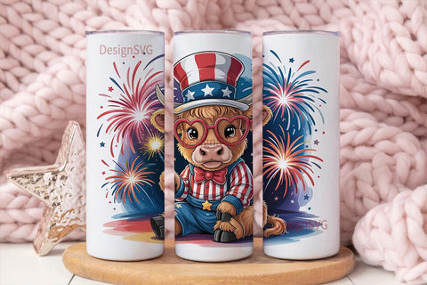 Patriotic Highland Cow 20oz Tumbler Wrap Sublimation DesignSVG 