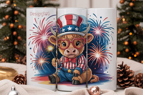 Patriotic Highland Cow 20oz Tumbler Wrap Sublimation DesignSVG 