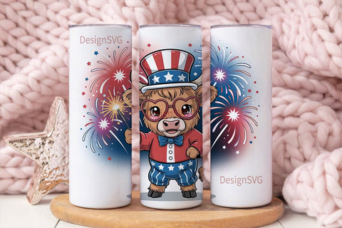 Patriotic Highland Cow 20oz Tumbler Wrap Sublimation DesignSVG 