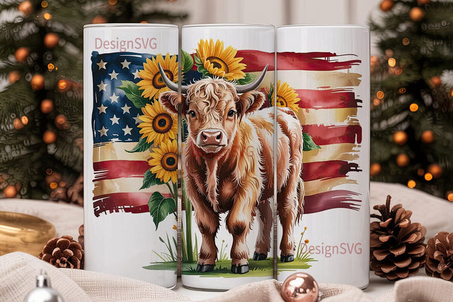 Patriotic Highland Cow 20oz Tumbler Wrap Sublimation DesignSVG 