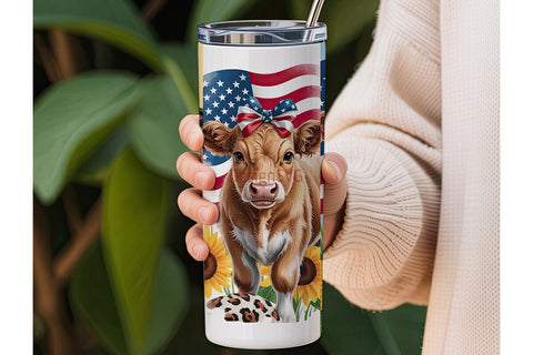 Patriotic Highland Cow 20oz Tumbler Wrap Sublimation DesignSVG 