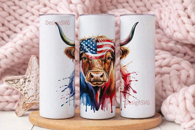 Patriotic Highland Cow 20oz Tumbler Wrap Sublimation DesignSVG 