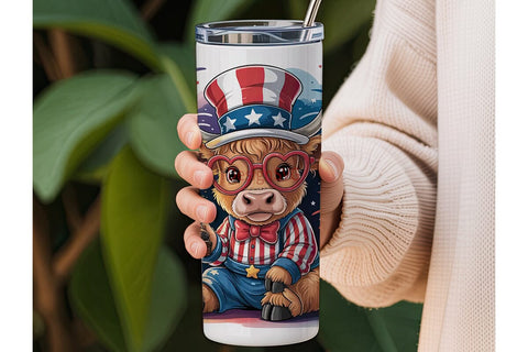 Patriotic Highland Cow 20oz Tumbler Wrap Sublimation DesignSVG 