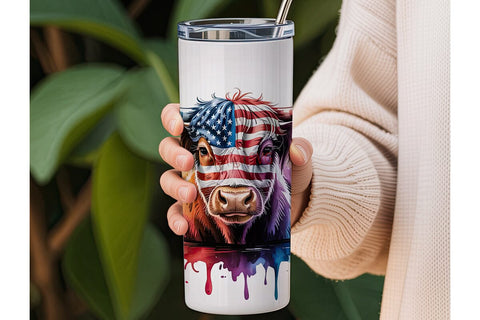 Patriotic Highland Cow 20oz Tumbler Wrap Sublimation DesignSVG 