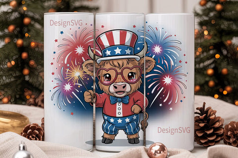 Patriotic Highland Cow 20oz Tumbler Wrap Sublimation DesignSVG 