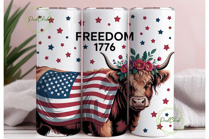 Patriotic Highland Cow 20oz Tumbler Wrap Sublimation PixelChick 