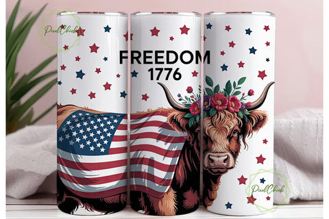 Patriotic Highland Cow 20oz Tumbler Wrap Sublimation PixelChick 