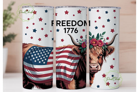 Patriotic Highland Cow 20oz Tumbler Wrap Sublimation PixelChick 