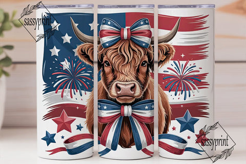 Patriotic Highland Cow 20oz Tumbler Wrap Sublimation sassyprint 