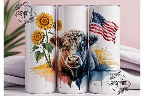 Patriotic Highland Cow 20oz Tumbler Wrap Sublimation sassyprint 