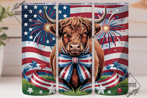 Patriotic Highland Cow 20oz Tumbler Wrap Sublimation sassyprint 