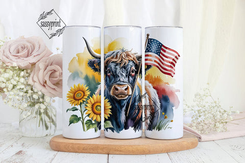 Patriotic Highland Cow 20oz Tumbler Wrap Sublimation sassyprint 
