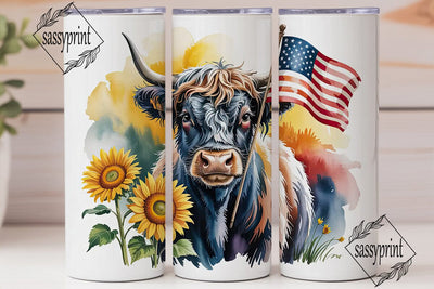Patriotic Highland Cow 20oz Tumbler Wrap Sublimation sassyprint 