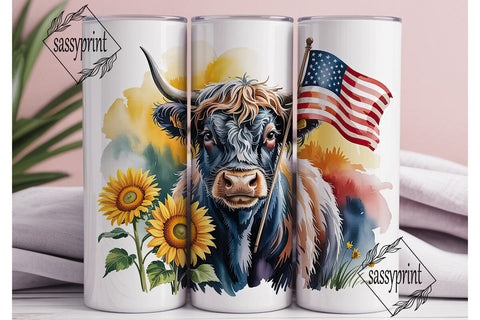 Patriotic Highland Cow 20oz Tumbler Wrap Sublimation sassyprint 