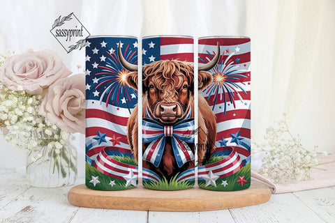 Patriotic Highland Cow 20oz Tumbler Wrap Sublimation sassyprint 