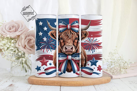Patriotic Highland Cow 20oz Tumbler Wrap Sublimation sassyprint 