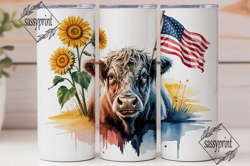Patriotic Highland Cow 20oz Tumbler Wrap Sublimation sassyprint 